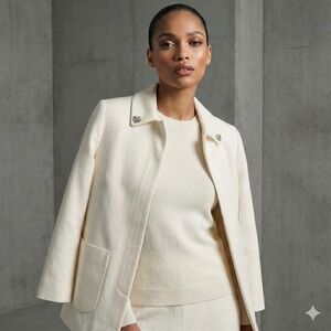 ZARA BASIC Women 100% Cotton White Texture Canvas Blazer XS Artsy Rhinestone Lux